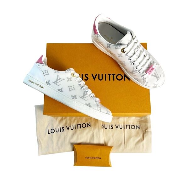 LOUIS VUITTON Frontrow Pink Monogram Sneakers Size 37 US 7 Lace Up LV Logo Low - Picture 1 of 12